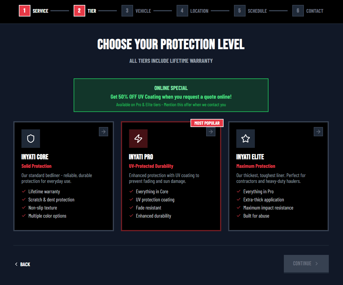Redesigned appointment request form with visual service level cards
