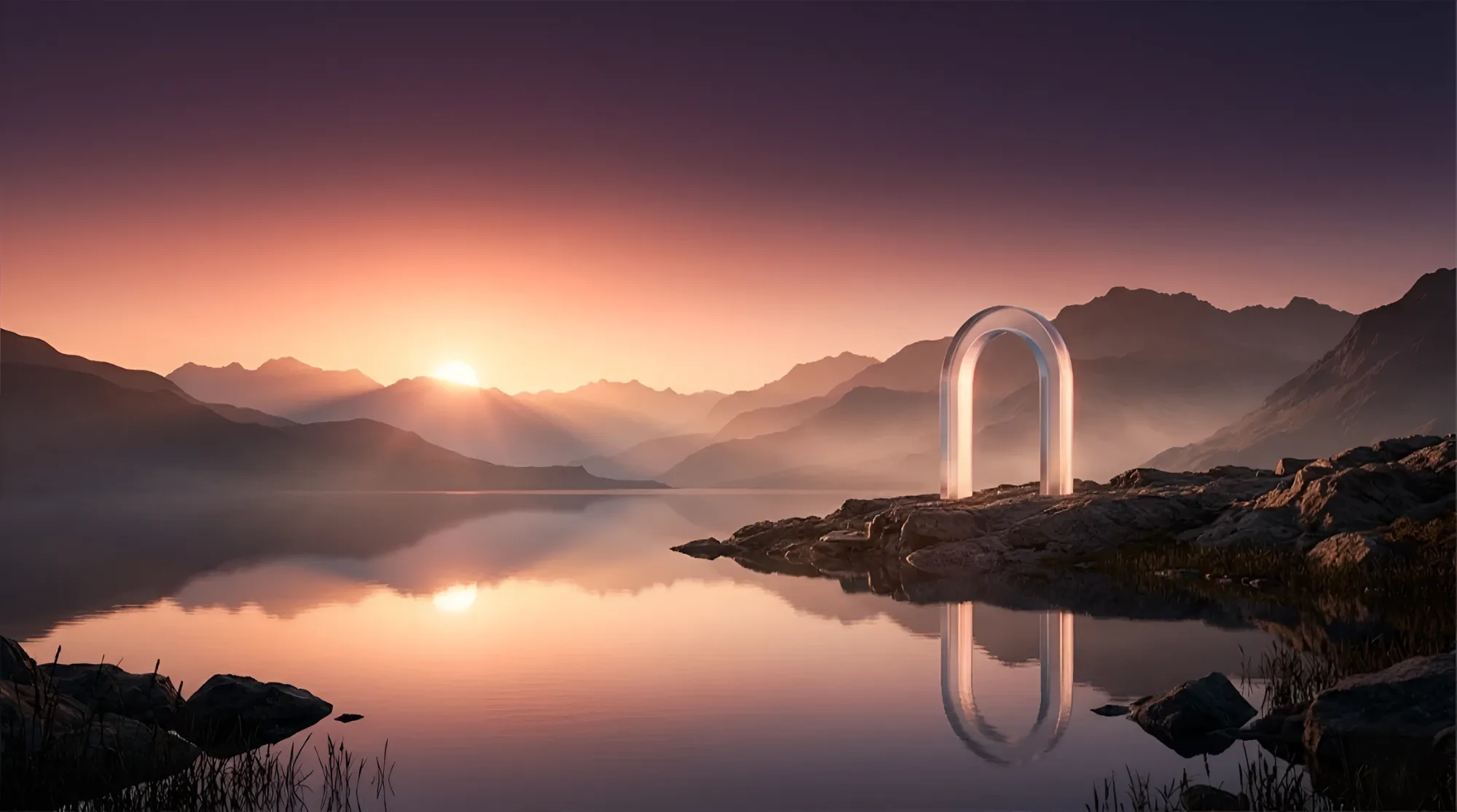 A glowing archway beside a still lake at dawn, sun rising over layered mountains